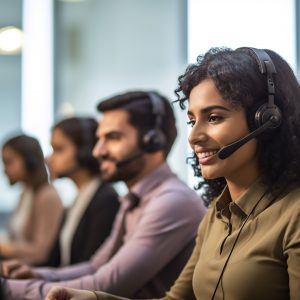 Portrait of female call center worker accompanied by his team. Smiling customer support operator at work. Diverse group of people